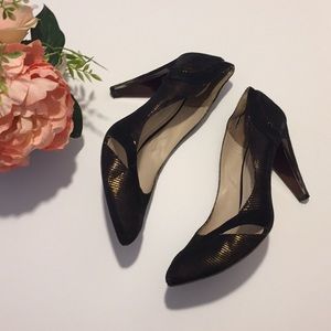 Rebecca Minkoff black and gold heels